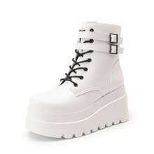 Women Platform Combat Ankle Boots Goth Chunky High Heel Lace Up Motorcycle Booties - White - View 3