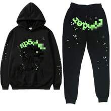 Y2K Sp 5der 55555 Letter Jogger Pants Spider Web Print Couple Sweatshirt Men And Women Hoodie Sweatshirt Set - Y黃色黃網白sp5der - 查看 6