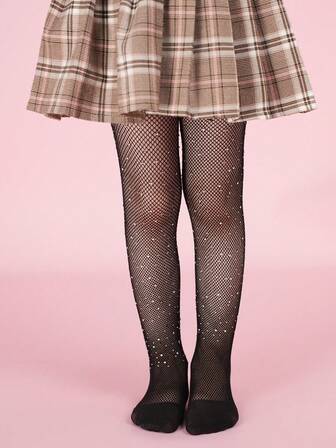 1件舒适水钻渔网连裤袜，百搭渔网袜，适合女孩、公主、时尚、舞蹈、日常穿着