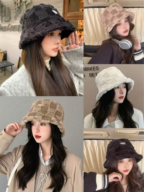 Neue Mode Fischerhut, unisex Herbst/Winter beige Schachbrett Fleece Fischerhut, japanischer Lammwolle Ohrenschutz Fischerhut, koreanischer vielseitiger warmer Fleece Fischerhut