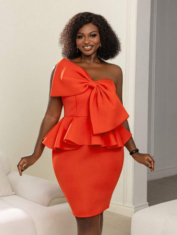 Faeriesty Chic Plus Midi One-Shoulder Party Dress With Oversized Bow & Ruffled Hem – Fitted Skirt For Elegance | Perfect For Weddings, Galas, Date Nights, & Luxe Evening Gatherings