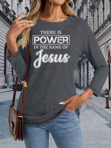 Graphic TeeWomen's Christian Faith Apparel Long Sleeve Shirt - Maroon Top With "Power In Jesus Name" Printed, Breathable Everyday Church Wear Spiritual Tee For Women, Comfortable Church Attire, Casual Faith Wear, Drop Shoulder Design, Relaxed Fit Top, Medium Stretch Fabric, Soft Texture, Worship Attire, Lightweight Fabricgifts For Mom-Free Shipping - 灰色 - 查看 2