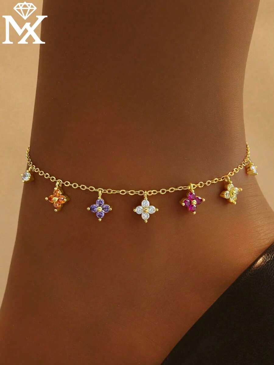 1pc 925 Sterling Silver Colorful Four-Leaf Clover Anklet, Vibrant Design Charming Foot Jewelry, Suitable For Commuting, Dating, Beach Vacation, Elegant Gift