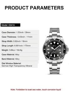 BIDEN 男士商务休闲腕表，银色不锈钢表带，防水，夜光指针，自动日期显示，石英机芯