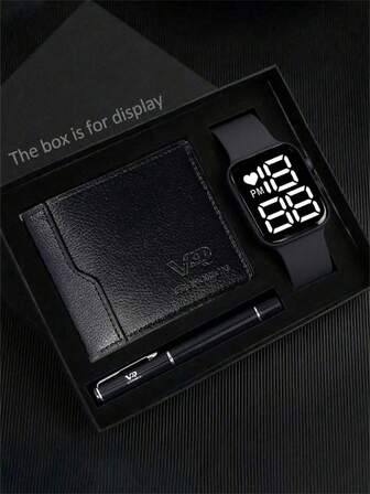 3/1 Set, Un reloj digital electrónico de estudiante de silicona simple y elegante, asequible (adecuado para que los niños lo usen). Reloj de niños + una cartera de estilo elegante negro + un bolígrafo de estilo general negro. Este es un excelente regalo para los niños cuando van a la escuela y un regalo de Navidad para los niños.