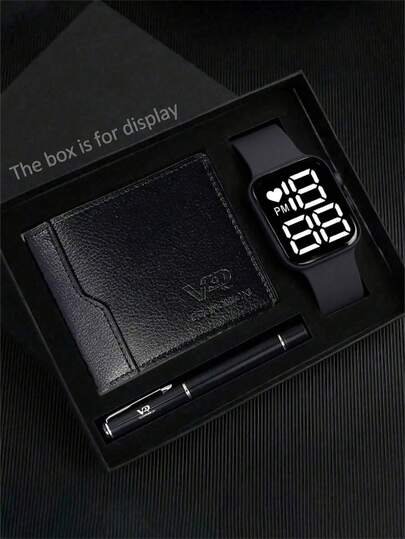 3/1 Set, A Simple And Stylish, Affordable Silicone Strap Student Cartoon Electronic Digital Watch (Suitable For Boys To Wear). Boys' Watch + A Black High-End Style Wallet Case + A Black Overall Style Pen. This Is An Excellent Gift For Boys When They Go To School, And A Christmas Gift For Boys.