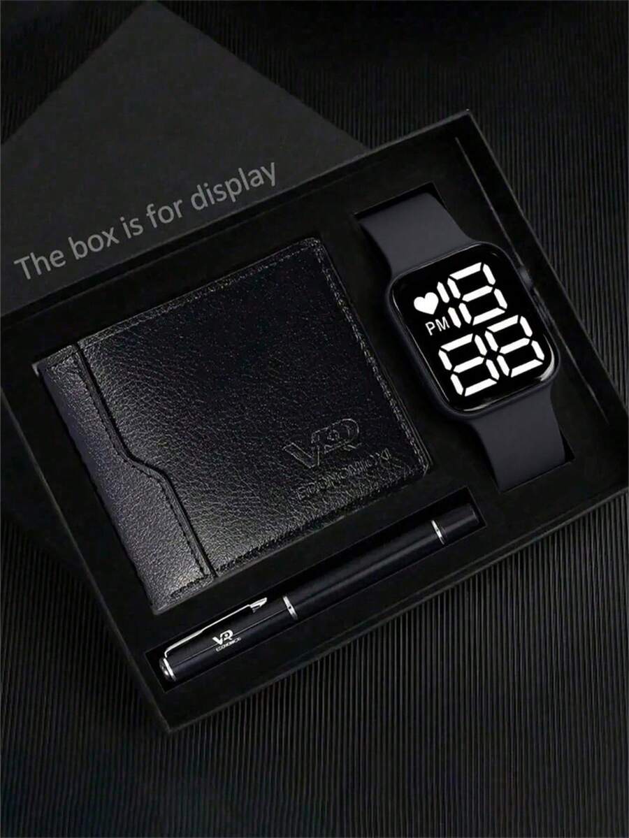 3/1 Set, A Simple And Stylish, Affordable Silicone Strap Student Cartoon Electronic Digital Watch (Suitable For Boys To Wear). Boys' Watch + A Black High-End Style Wallet Case + A Black Overall Style Pen. This Is An Excellent Gift For Boys When They Go To School, And A Christmas Gift For Boys.