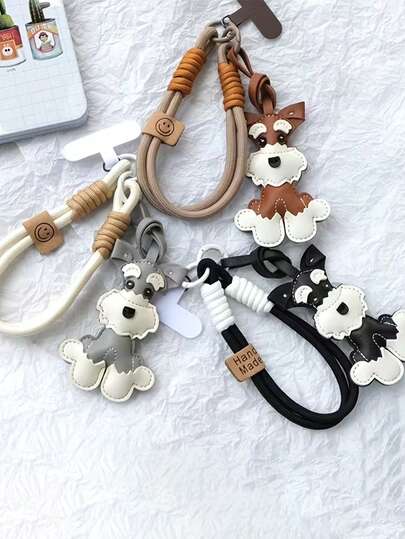 1 Piece Of Cute Schnauzer Dog Bag Charm, Mobile Phone Pendant With Short Braided Handle, Smiling Face Logo Design, Fashionable Accessory, Available In Brown, Black And White, The Perfect Gift For Pet Lovers.