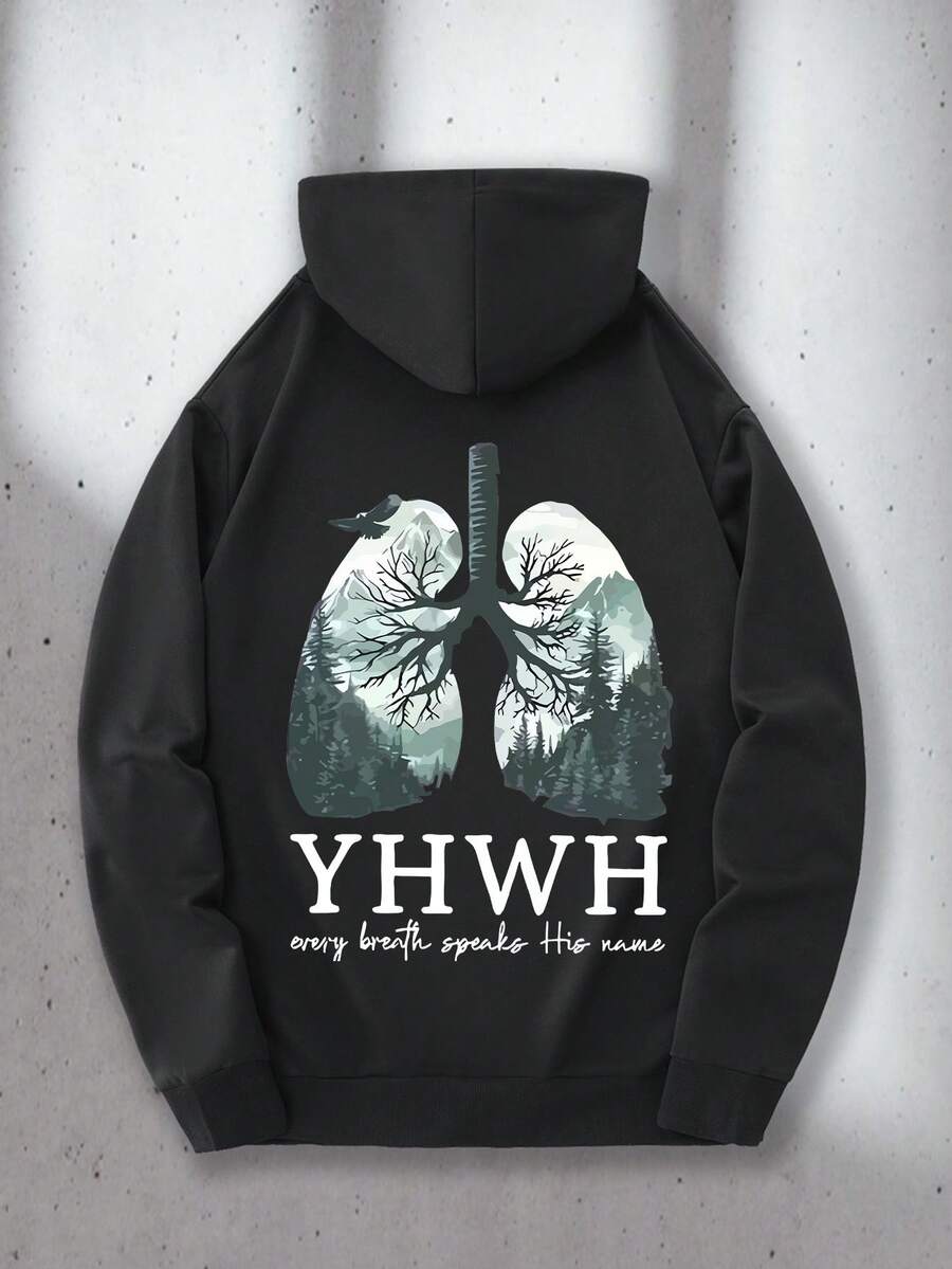 1pcsMen's Black Graphic Hoodie Sweatshirt With YHWH & Psalm 46:5 Bible Verse Print, Lungs & Tree Design, Kangaroo Pocket, Casual Pullover For Casual Attire - Comfortable Christian Faith Apparel, PLUS SIZE270g- Men's Graphic Hoodie Cool Print Streetwear Oversized Hooded Sweatshirt - 黑色 - 查看 1