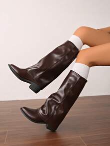 Western Style Side Zipper Holiday Black Pointed Toe Stacked Heel Over-The-Knee Boots For Women, High Heel Tall Boots, Slim Fit Mid-Calf Boots, Autumn/Winter 2025 - Brown - View 1