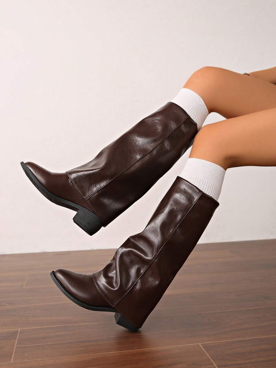 Western Style Side Zipper Holiday Black Pointed Toe Stacked Heel Over-The-Knee Boots For Women, High Heel Tall Boots, Slim Fit Mid-Calf Boots, Autumn/Winter 2025 - Brown - View 1