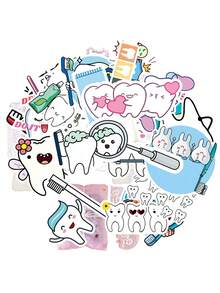 100PCS Cartoon Style Cute Teeth Family With Dental Tools Self-Adhesive Paper Stickers For Party Invites, Gifts, Scrapbooking - Christmas Stickers - 彩色 - 查看 1