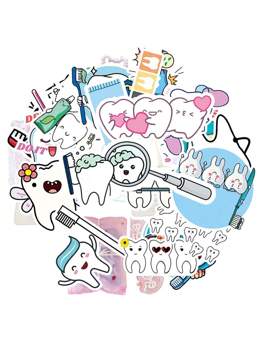 100PCS Cartoon Style Cute Teeth Family With Dental Tools Self-Adhesive Paper Stickers For Party Invites, Gifts, Scrapbooking - Christmas Stickers - 彩色 - 查看 1
