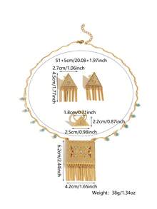 一套优雅复古铜合金镀金方形流苏吊坠耳环戒指项链首饰套装，适合女性日常佩戴和节日礼物 - 金黃色 - 查看 4