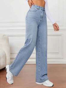 Jeans casuales de pierna recta y ajuste holgado para mujer con bolsillos, jeans rectos de moda, pantalones vaqueros holgados de mezclilla lavada, estilo vintage y casual, pierna ancha y talle alto para uso diario, cómodos, elásticos y aptos para todas las estaciones - Azul - Ver 3