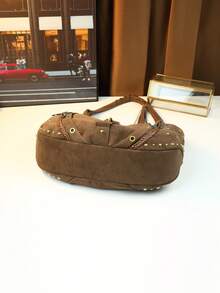 Borsa da viaggio alla moda e retrò con borchie e rivetti, borsa a tracolla a forma di raviolo, borsa da moto, borsa da pendolare di grande capacità - Castano - Visualizzare 4