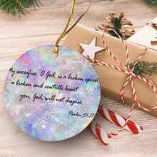 2025 1pc 2D Ceramics Souvenir 2.9 Inch My Sacrifice O God Is A Broken Spirit Merry Christmas Ceramics Souvenir Single-Side Print Inspiring Positive Quotes Ceramic Tree Xmas Ornament Memorable Keepsake - 粉紅白色 - 查看 2
