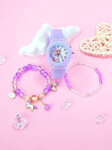 3 pezzi Set orologio e braccialetti con unicorno in quarzo per ragazze - Stile dolce e carino con luce notturna a LED, cinturino in silicone morbido, orologio con pony arcobaleno + 2 braccialetti con perline a forma di unicorno, regalo per compleanni, Natale e rientro a scuola per bambine di età 3-14 anni (Viola)