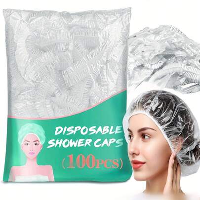 1 Pack - 100 Disposable Plastic Shower Caps - Suitable For Hair Coloring And Salon Use, Home Use, And Spas.