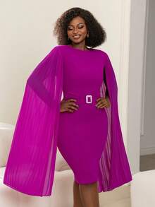 Faeriesty Elegant Mid-Length Party Dress With Ruffle Dolman Sleeves And Square Decor Waistband, Perfect For Formal Dinners, Weddings, Galas And Upscale Soirees - Hot Pink - View 9