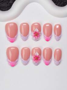 Bộ 10 móng tay giả phong cách Y2K Baddie hình quả hạnh nhân thủ công, màu nude và hồng với đầu móng kiểu Pháp và họa tiết hoa, phù hợp cho phụ nữ và trẻ em gái, bao gồm dụng cụ, có thể dùng cho tiệc tùng, khiêu vũ và sử dụng hàng ngày, món quà tuyệt vời cho các quý cô - Nhiều màu - Xem 1