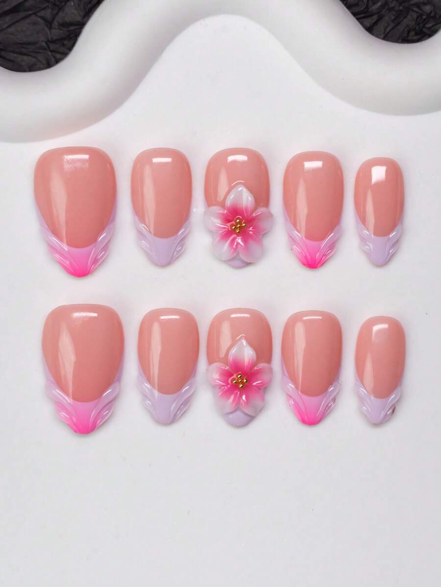 Bộ 10 móng tay giả phong cách Y2K Baddie hình quả hạnh nhân thủ công, màu nude và hồng với đầu móng kiểu Pháp và họa tiết hoa, phù hợp cho phụ nữ và trẻ em gái, bao gồm dụng cụ, có thể dùng cho tiệc tùng, khiêu vũ và sử dụng hàng ngày, món quà tuyệt vời cho các quý cô - Nhiều màu - Xem 1
