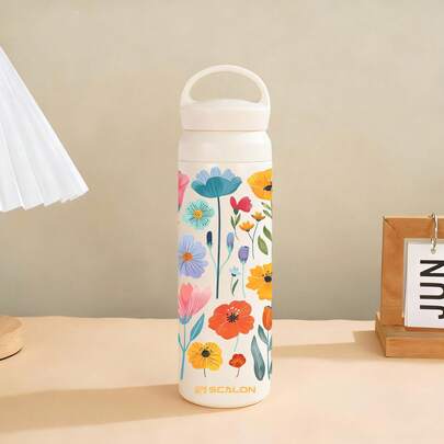 1 件彩色花卉保温杯，带手柄，双层真空隔热，适合冷热饮品，适合家庭、办公室、户外活动、露营，是圣诞节的绝佳礼物