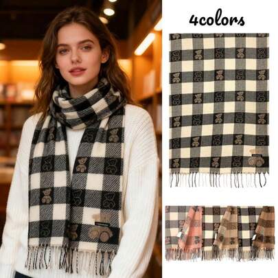 Damenschal mit Bärenmuster und Karomuster – Warmer und vielseitiger Quastenschal für Herbst und Winter, ideales Weihnachtsgeschenk für Damen