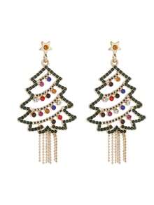 1Pair Festive Golden Metal Christmas Tree Dangle Earrings With Multi-Color Rhinestone Tassels, Women's Holiday Party Jewelry - Colorful - View 5