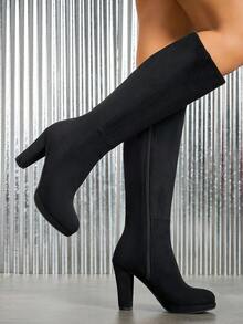 Women's Over-The-Knee Boots, Solid Color, Fashion & Comfortable, Versatile Suede Black Boots, Platform Thick Sole, Round Toe, Side Zipper, Chunky Heel High Heels, Tall Boots, Suitable For Dates, Parties, Elegant & Graceful Women Shoes - Black - View 3