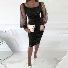 New Elegant Sexy Women's Dress, Scoop Neck Mesh Sleeve, Gold Foil Embellished, Bodycon Dress - Black - View 9