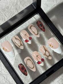 10pcs Almond Handmade Press-On Nails, White French Fingertips, Brown Hand-Painted Amber Pattern, 3D And Cherry Decoration, Elegant And Cute Handmade False Nails, Suitable For Girls And Women's Daily, New Year, Valentine's Day Nail Decoration - Multicolor - View 2