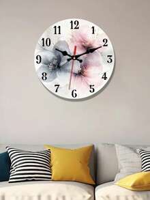 1pc Large Modern Minimalist Wooden Wall Clock - Silent Non-Ticking, Floral Pattern In Powder Gray, Black Hands, White Dial, Gold Numeric Markings - 10/12 Inch Round Wall Clock, Suitable For Living Room, Bedroom, Office (No Battery Required), 2D Flat - Multicolor - View 1