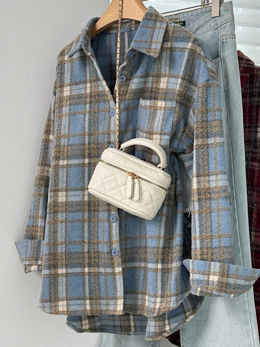 女士磨毛格纹前开襟纽扣口袋休闲衬衫 春季 - 藍色 - 查看 1