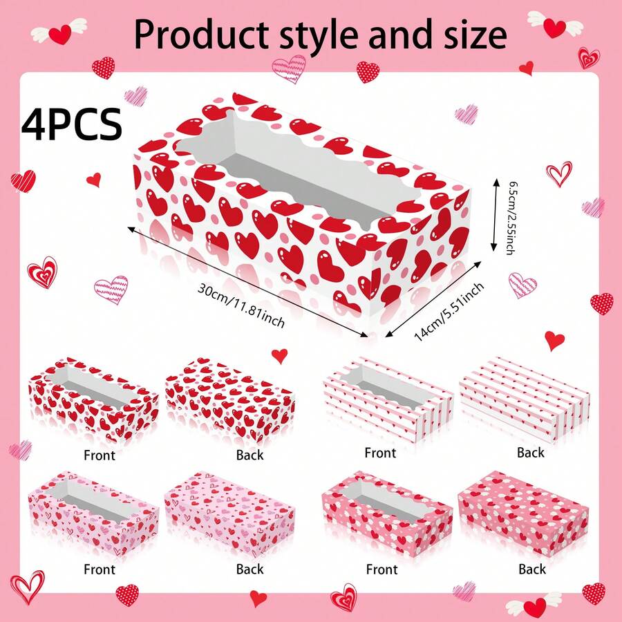 4pcs Valentine's Day Cookie Box 11.81 X 5.51 X 2.55 Inch Valentine's Day Bread Box With Window Heart-Shaped Gift Box For Candy, Cupcake, Donut, Wedding, Valentine's Day, Holiday Pastries - Multicolor - View 1