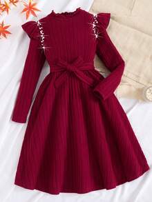 Vestido de niña con mangas de caperuza, textura acanalada y cuentas - Rojo - Ver 3