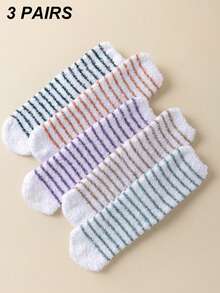 Random 1/3 Pairs Women's Striped Coral Fleece Socks With Anti-Slip Silicone Maple Leaf Pattern Floor Socks, Warm And Comfortable Soft Home Socks, Suitable For Indoor Wear In Winter - Multicolor - View 9