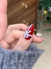 10片杏仁形美甲贴纸，手绘白色石膏3D蝴蝶结美甲贴纸，可爱红色美甲贴纸，手绘白色石膏心形美甲贴纸，手绘菱形图案带小珠子美甲贴纸，可爱杏仁形按压式美甲贴纸 - 紅色 - 查看 5