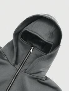 YUNCHIC - Men's Hooded Zip-Up Sweatshirt With Face Mask, Creative Samurai Sword Pattern, Protective Balaclava Design, Autumn/Winter Outdoor Cycling Running Sports Jacket With Side Pockets For Comfort - Dark Grey - View 5