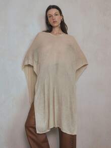 Women's Pullover Poncho Sweater Boat Neck Solid Color Asymmetrical Knit Tops Shawl Wraps - 香檳色 - 查看 2
