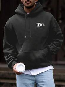 Men's Casual Fashionable Versatile Peace Graphic Drawstring Hoodie With Kangaroo Pocket, Autumn/Winter - Dark Grey - View 2