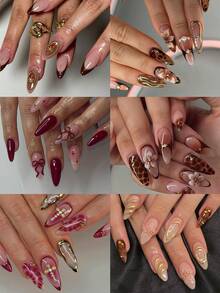 144片（6种混合款式）杏仁形3D凝胶美甲贴纸，适用于花朵和十字架美甲设计，法式按压式杏仁形甲片，带珍珠装饰，完美适用于亚克力美甲延长，包含：1瓶果冻凝胶和1个指甲锉，适合女性日常、节日派对和其他场合的美甲用品 - 彩色 - 查看 8