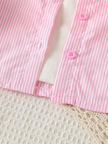 2pcs/Set Girls Young Girl 2025 Fall New Minimalist Pink & White Striped Long Sleeve Collared Shirt And Cute Butterfly Print Cuffed Straight Leg Jeans Pants Outfit - Pink - View 8