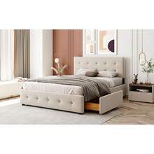 Cama estofada 140 x 200, cama de casal com gavetas, estrado e cabeceira, cama de casal macia ao toque em tecido aveludado para adultos e jovens, bege (colchão não incluído) - Bege + Estofado - Ver 5