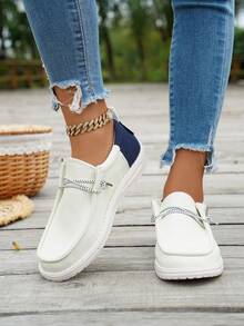 撞色拼接学院风休闲户外平底鞋，新款春秋季女士大码平底休闲鞋，蓝/红/白纯色拼接帆布乐福鞋 - 藍色 - 查看 5