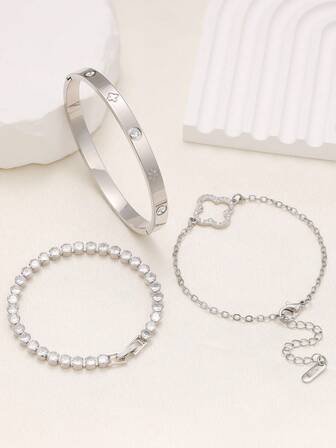 1 Set Paslanmaz Çelik Dört Yapraklı Yonca Desenli Bileklik, Kadınların Günlük Giyimine Uygun