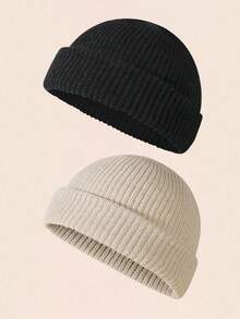 2 chiếc mũ len beanie trơn màu thời trang dành cho nam, mũ len ấm áp thường ngày phù hợp với trang phục mùa thu/đông, quần áo mùa đông - 2 chiếc - Xem 16