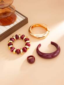 1pc Bohemian Geometric Arc Resin Cuff Bracelet Ring Set, Luxurious Casual Party Women Couples Wedding Holiday Versatile Jewelry Resin Bracelet Ring Gift (The Material And Color Of The Bracelet Are Subject To The Actual Product) - Bracelet - View 8