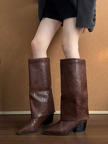 秋冬新款时尚百搭尖头骑马靴，高筒粗跟直筒靴，高跟靴，时尚靴，过膝靴，显瘦长靴，及膝高筒靴，适合音乐节、万圣节等场合，酒红色高跟鞋