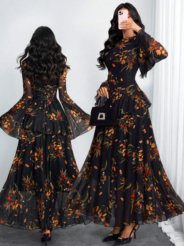 فستان نسائي أنيق وجذاب بأكمام طويلة على شكل بوق رومانسي ذو طبقتين غير متماثل الأطراف، مناسب للمناسبات اليومية والمهرجانات والعطلات.